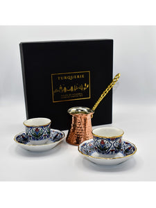 Porcelain Turkish coffee cups and copper Turkish coffee pot gift set